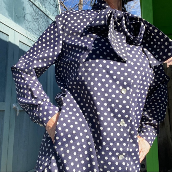 Vintage blue and white polka dot dress, long sleeve, bow at neck, buttons, M/L - Picture 3 of 13